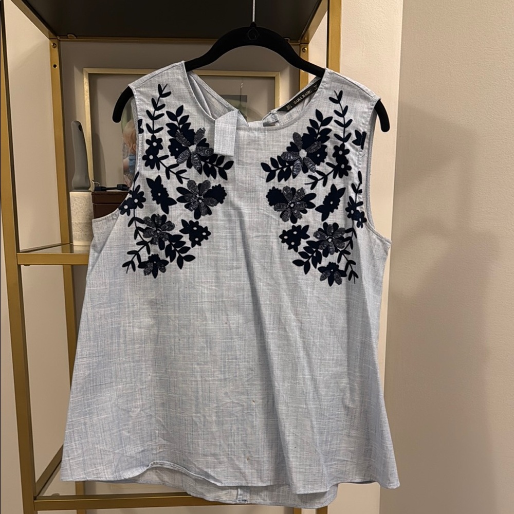 Zara White Sleeveless Embellished Blouse